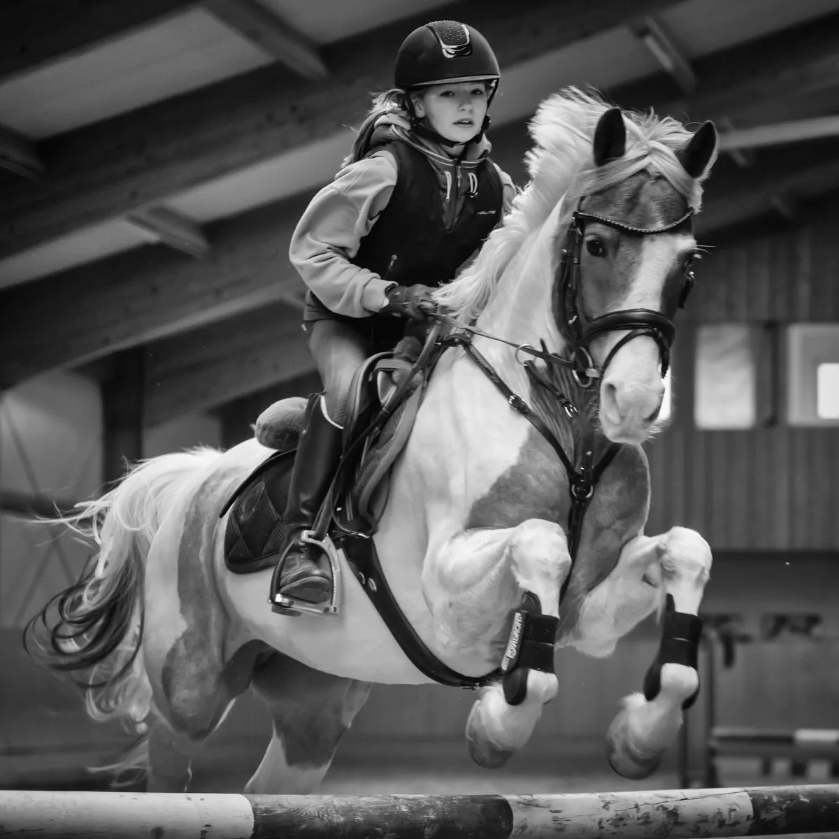 Mädchen mit Reithelm springt auf einem Schecken-Pony über ein Hindernis in der Reithalle, Schwarzweiß